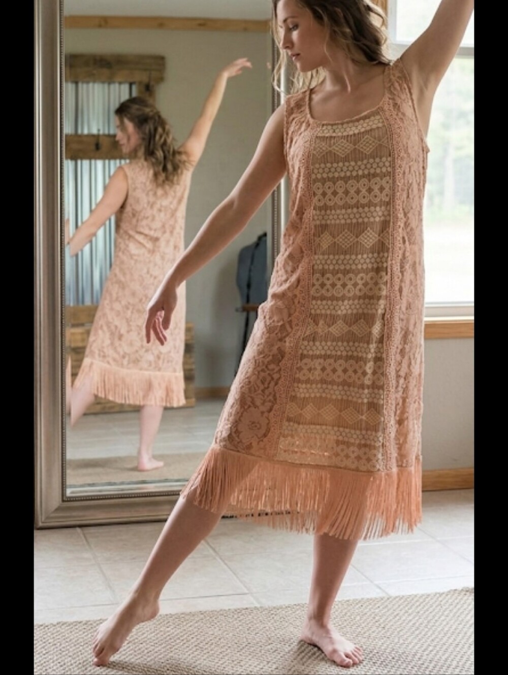 New Tan Lace & Fringe Midi Sheath Dress L Nicole Marie Flapper